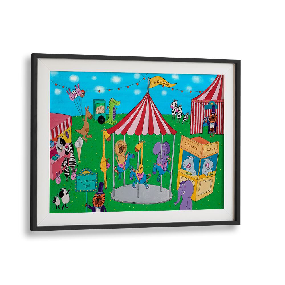 Carousel Fun With Animals By Carla Daly Kids Room Art in Black Frame With Mount