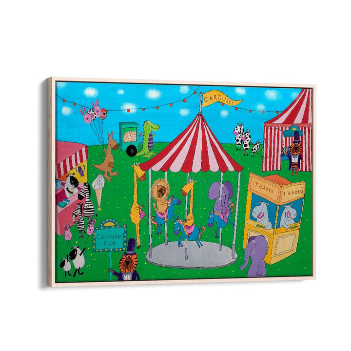 Carousel Fun With Animals By Carla Daly Kids Room Art in Oak Wood Floater Frame