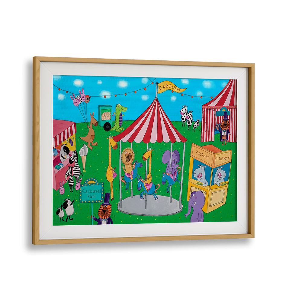 Carousel Fun With Animals By Carla Daly Kids Room Art in Oak Wood Frame With Mount