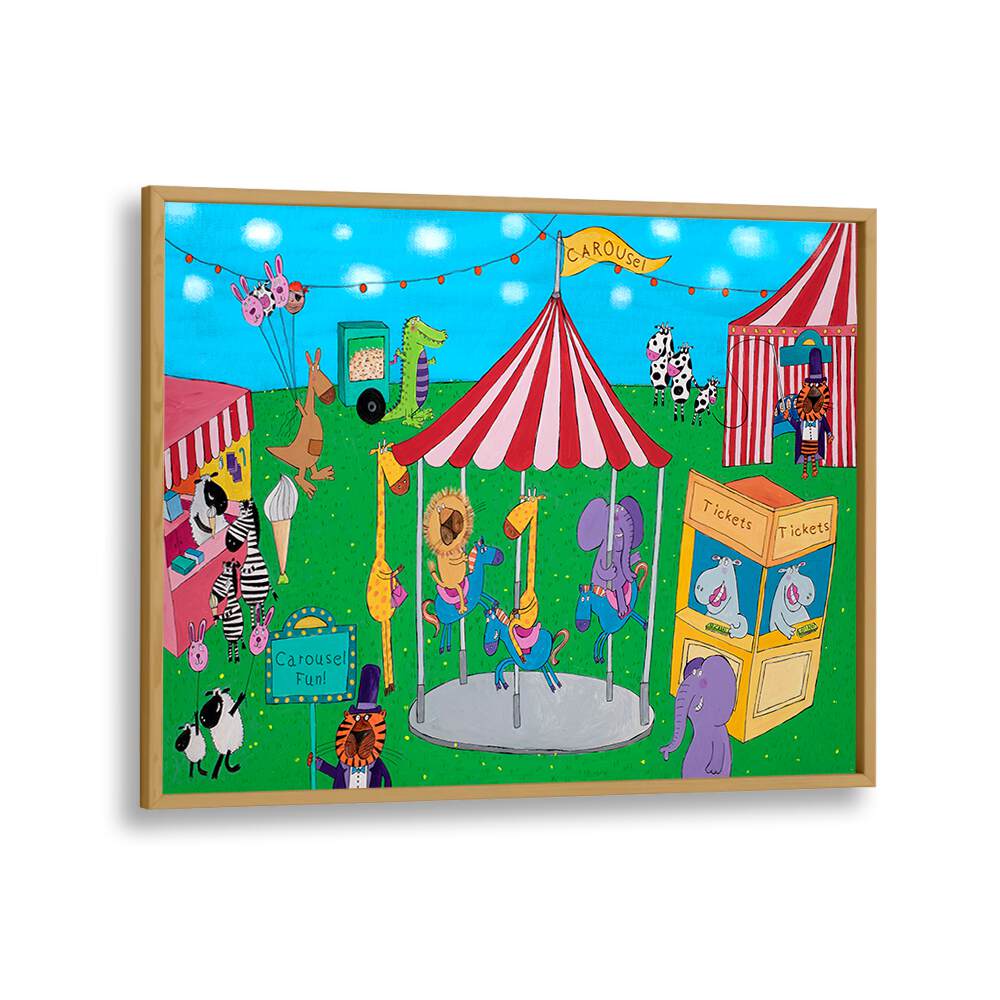 Carousel Fun With Animals By Carla Daly Kids Room Art in Oak Wood Plain Frame