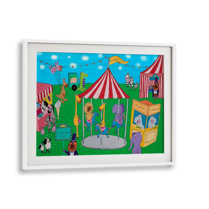 Carousel Fun With Animals By Carla Daly Kids Room Art in White Frame With Mount