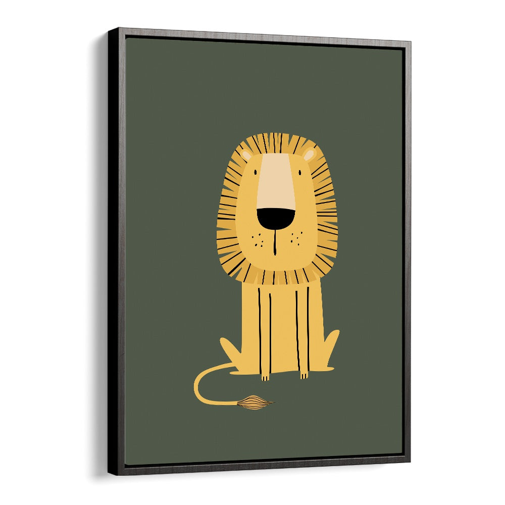 Cartoon Lion  Kids Paintings in Black Floater Frame