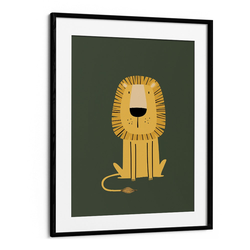 Cartoon Lion  Kids Paintings in Black Frame With Mount