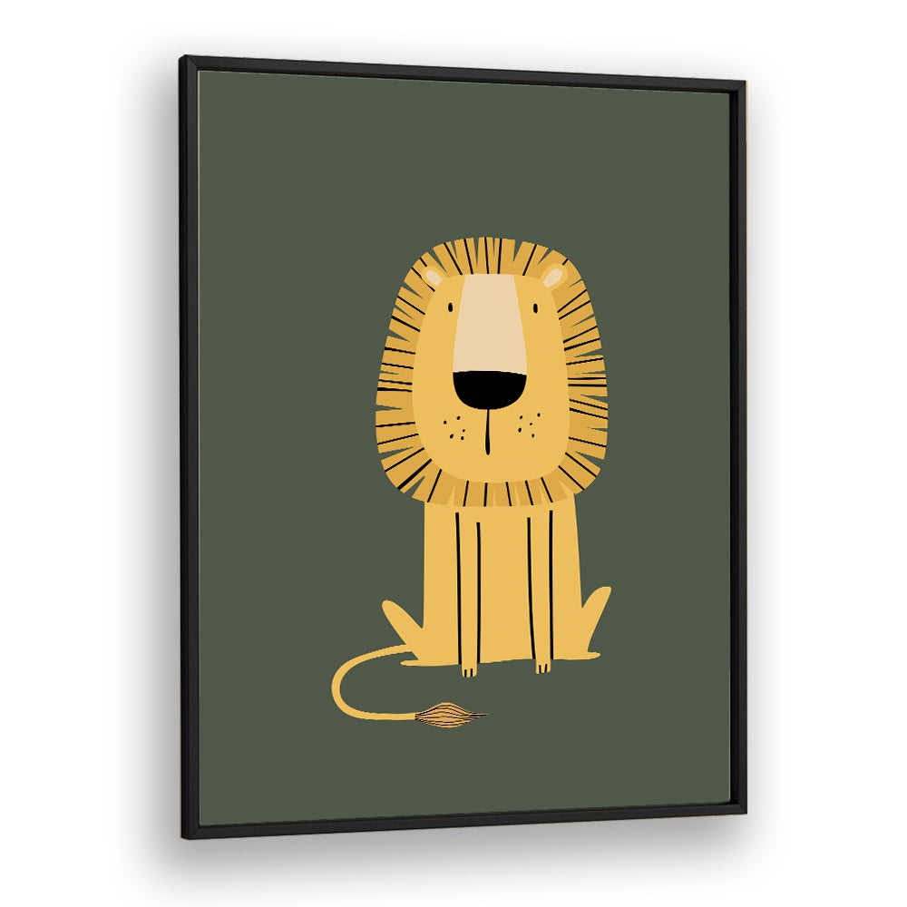 Cartoon Lion  Kids Paintings in Black Plain Frame