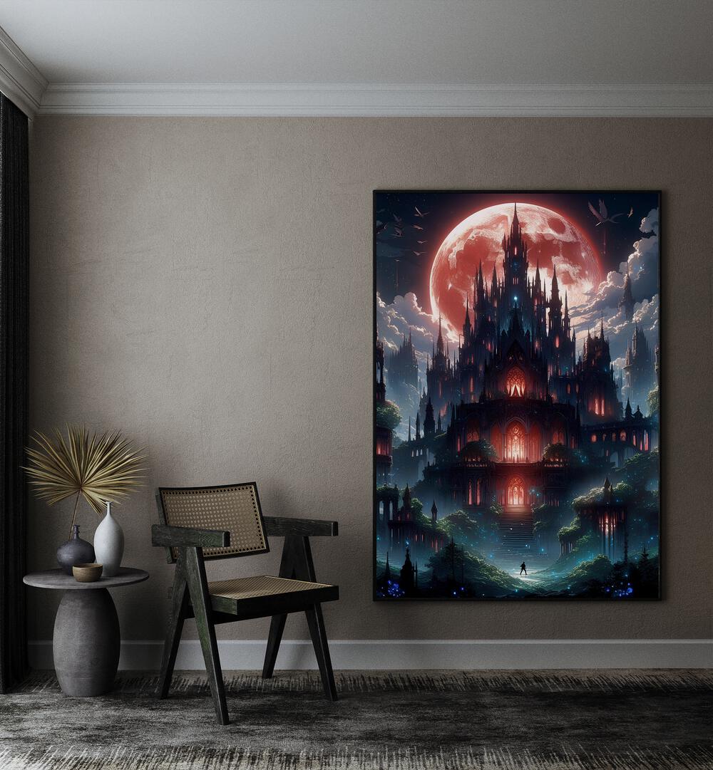 Castle Of Nightmares By Ritvik Takkar Surrealism in Black Plain Frame placed on a Beige Colored Wall in the Drawing Room