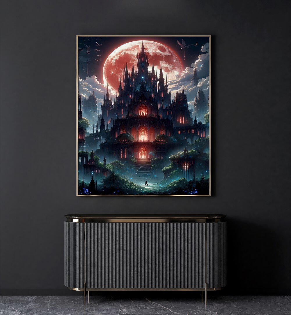 Castle Of Nightmares By Ritvik Takkar Surrealism in Gold Plain Frame placed on a Dark Grey Colored Wall in the Drawing Room