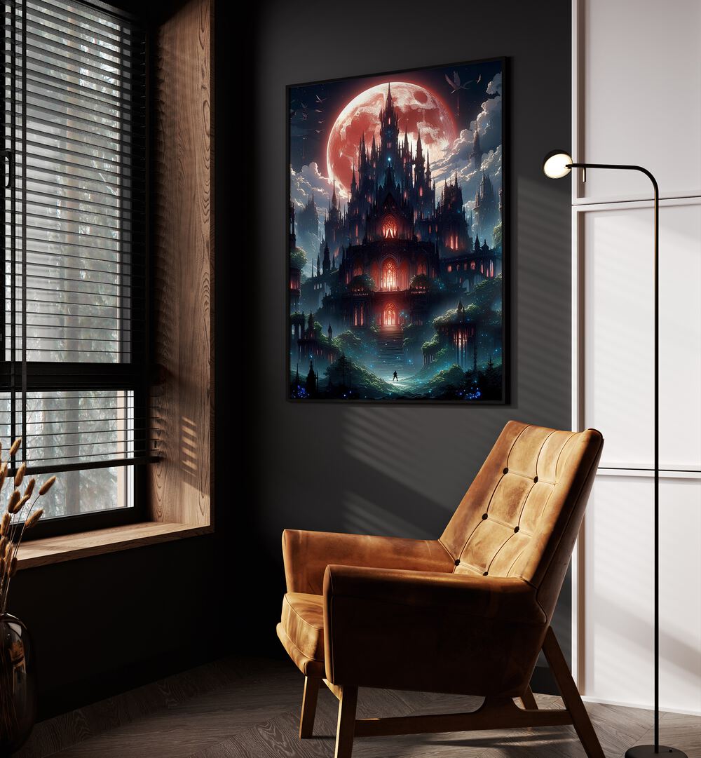 Castle Of Nightmares By Ritvik Takkar Surrealism in Black Plain Frame placed on a Dark Grey Colored Wall in the Drawing Room