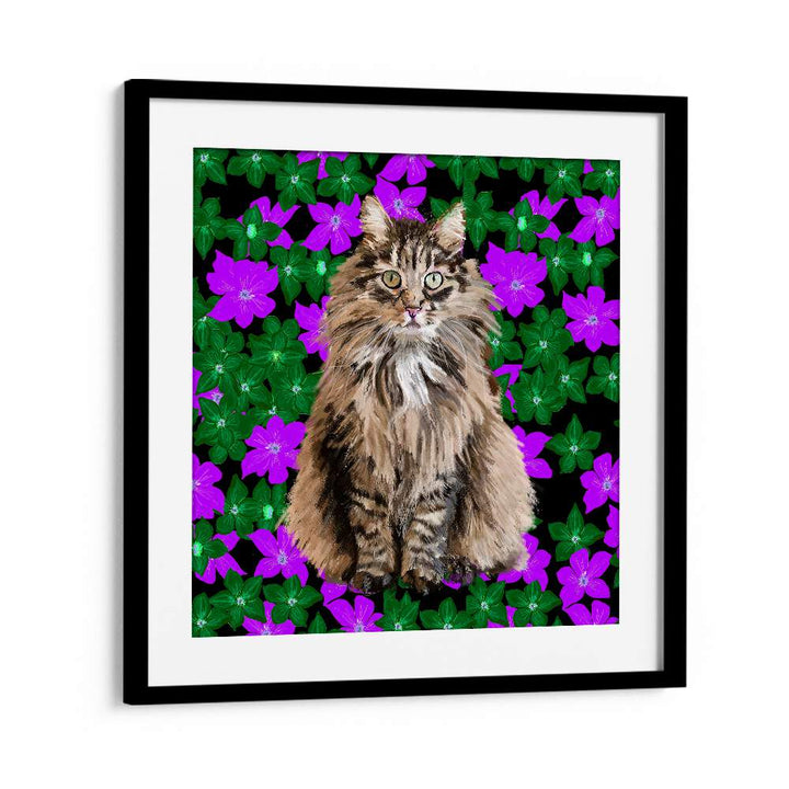 Cat In Flowers By Lynnda Rakos Pop Art Paintings Pop Art Prints in Black Frame With Mount