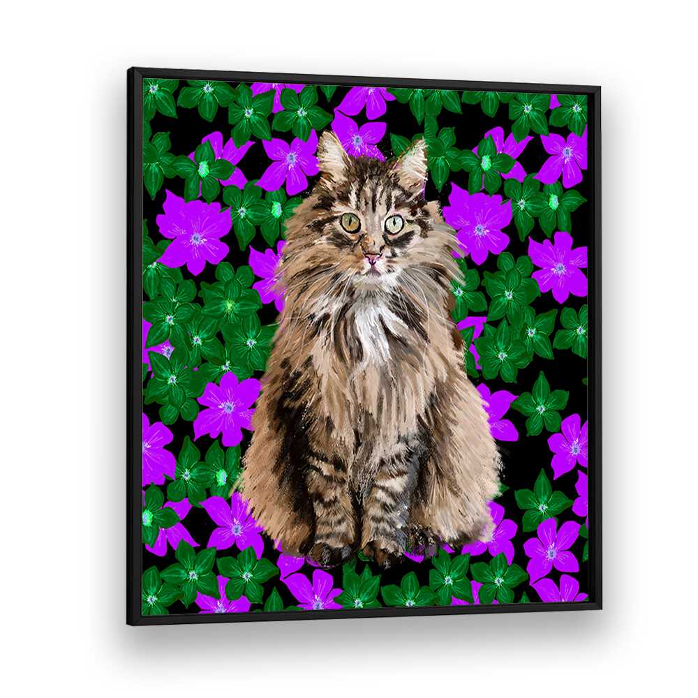 Cat In Flowers By Lynnda Rakos Pop Art Paintings Pop Art Prints in Black Plain Frame