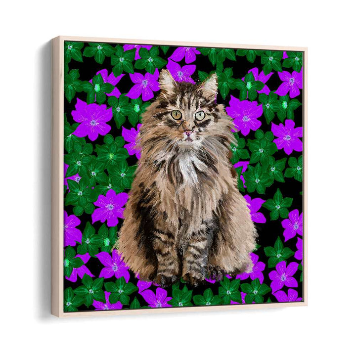 Cat In Flowers By Lynnda Rakos Pop Art Paintings Pop Art Prints in Oak Wood Floater Frame