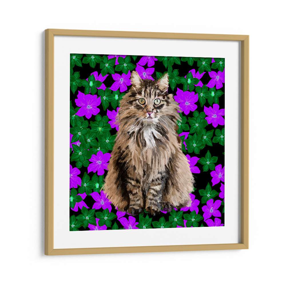 Cat In Flowers By Lynnda Rakos Pop Art Paintings Pop Art Prints in Oak Wood Frame With Mount