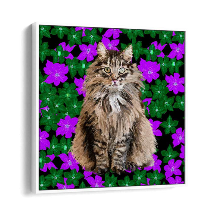 Cat In Flowers By Lynnda Rakos Pop Art Paintings Pop Art Prints in White Floater Frame