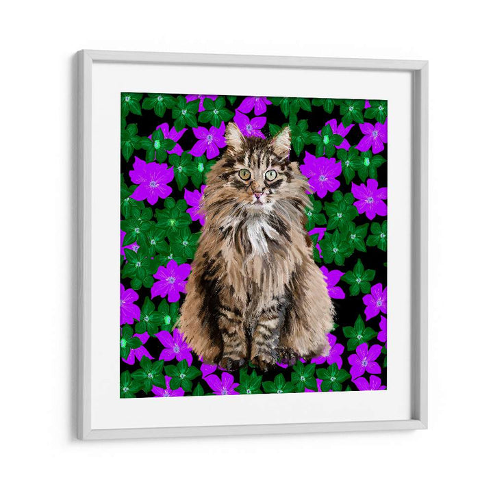 Cat In Flowers By Lynnda Rakos Pop Art Paintings Pop Art Prints in White Frame With Mount