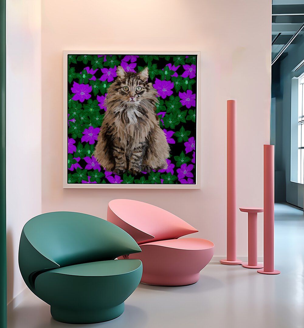 Cat in Flowers By Lynnda Rakos Pop Art Paintings Pop Art Prints in White Plain Frame placed on a wall behind a chairs