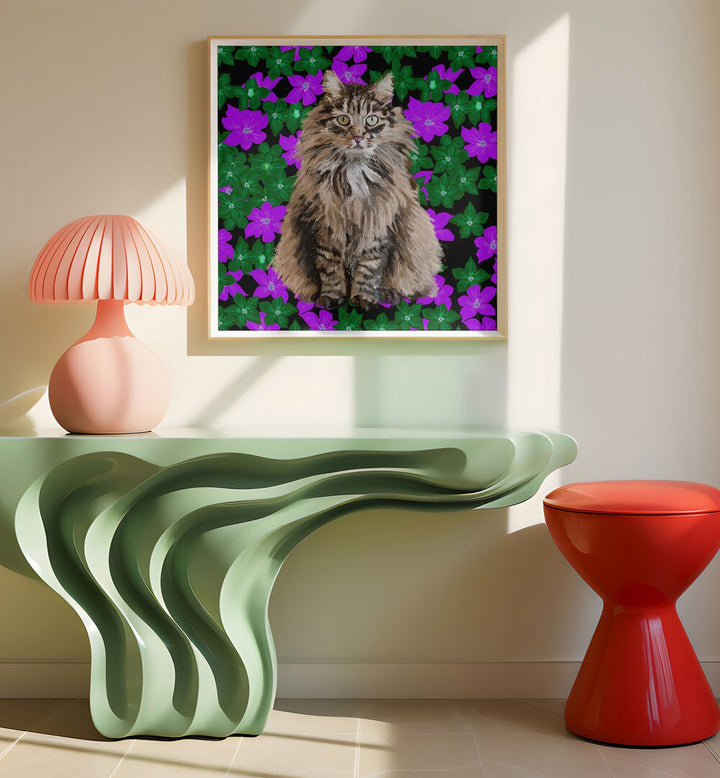 Cat in Flowers By Lynnda Rakos Pop Art Paintings Pop Art Prints in Oak Wood Plain Frame placed on a wall behind a table