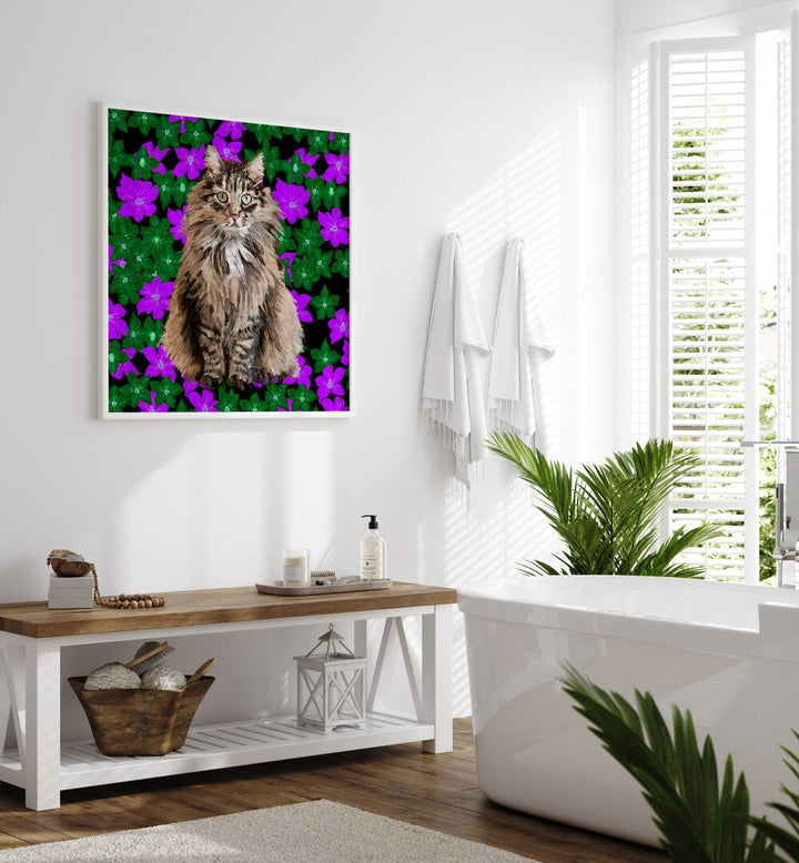 Cat in Flowers By Lynnda Rakos Pop Art Paintings Pop Art Prints in White Plain Frame placed on a bathroom wall beside a bathtub