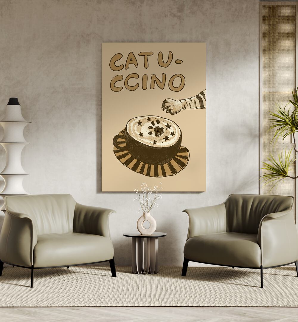 Catuccino by Studio Dolci Cafe Art Prints in Gallery Wrap placed on a wall behind two chairs and a table