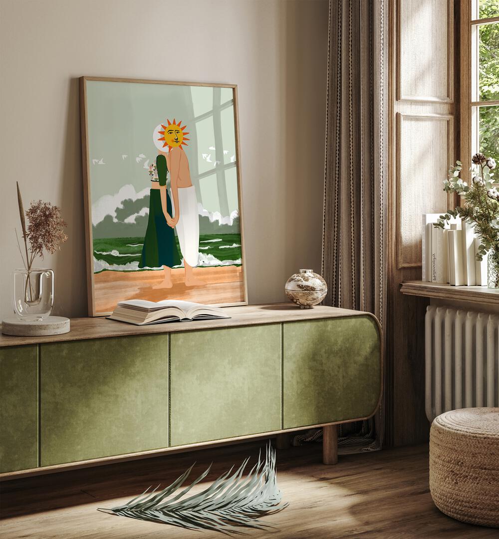 Celestial Union By Uma Gokhale Abstract Paintings in Oak Wood Plain Frame on a green console table beside a window