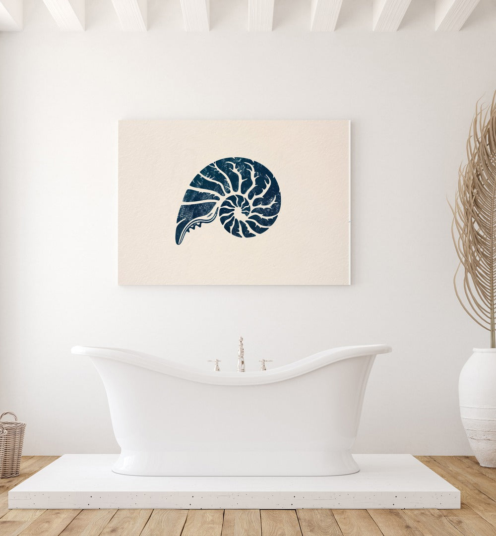 Cerulean Conch V Beach Prints Coastal Wall Art in White Plain Frame placed on a wall behind a bathtub for bathroom