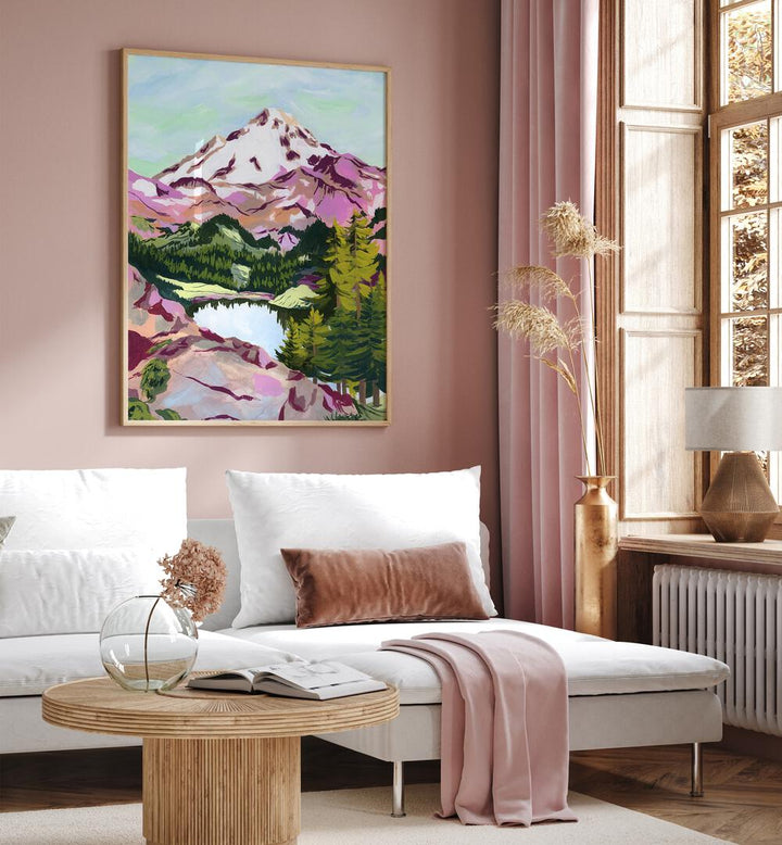 Chain Lakes By Sarah Gesek Landscape Art Prints in Oak Wood Plain Frame placed on a living room wall beside a window and behind a sofa