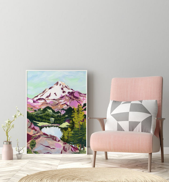 Chain Lakes By Sarah Gesek Landscape Art Prints in White Plain Frame placed on the floor beside a chair