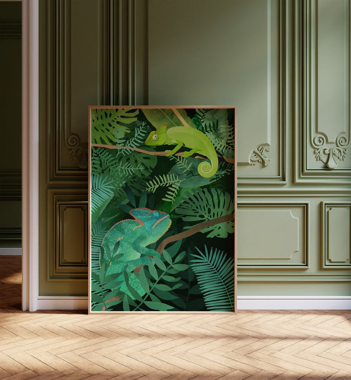 Chameleons By Goed Blauw Kids Room Paintings Kids Room Wall Art in Oak Wood Plain Frame placed on the floor near a Green Colored Wall in the Drawing Room