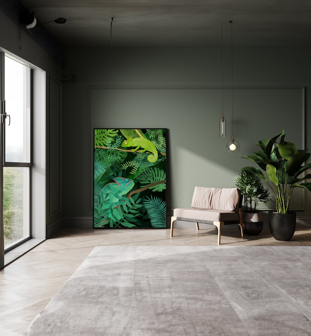 Chameleons By Goed Blauw Kids Room Paintings Kids Room Wall Art in Black Plain Frame placed on the floor near a Green Colored Wall in the Drawing Room