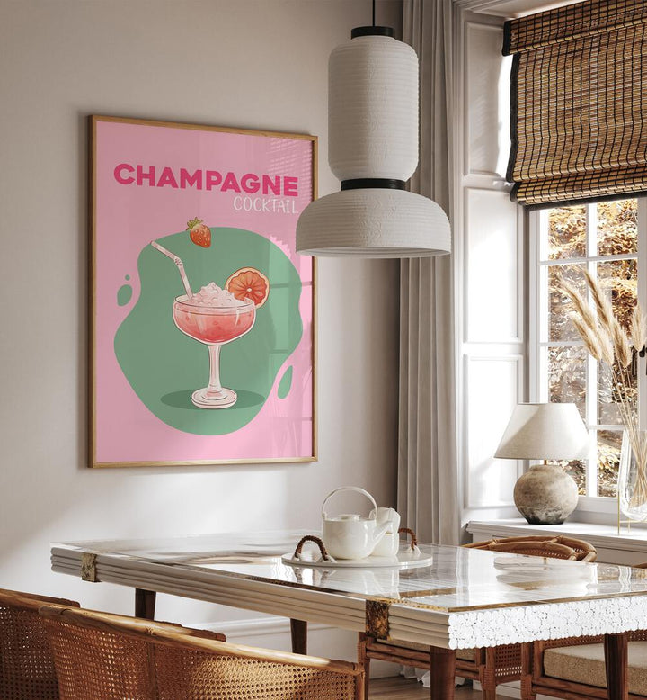 Champagne Cafe Art Prints Cafe Posters in Oak Wood Plain Frame placed on a wall in a dining room area beside a window and behind a dining table