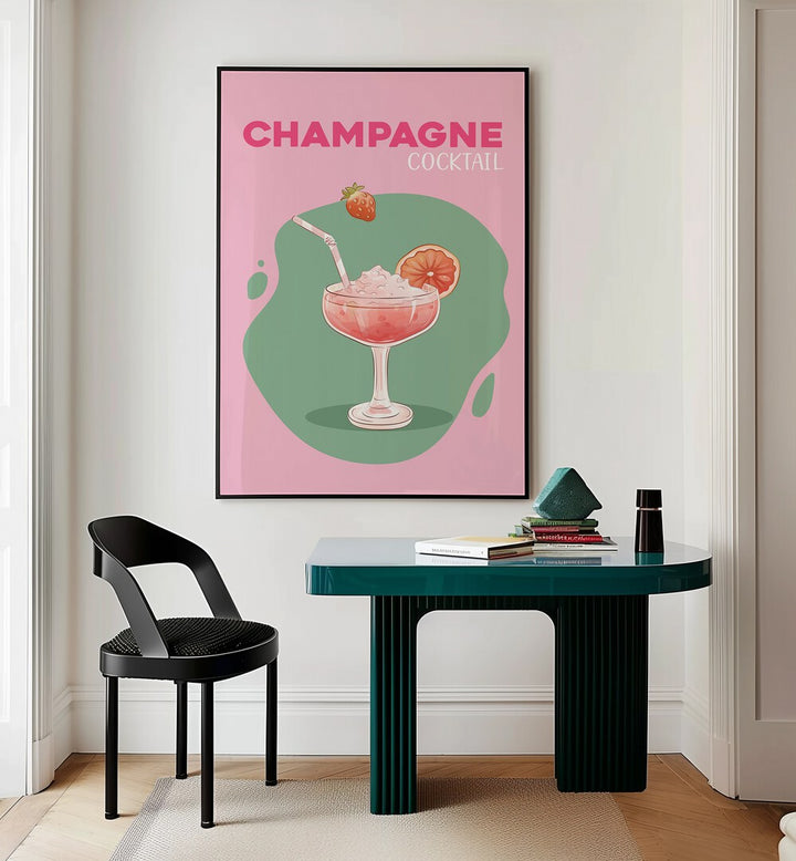 Champagne Cafe Art Prints Cafe Posters in Black Plain Frame placed on a wall behind a study table