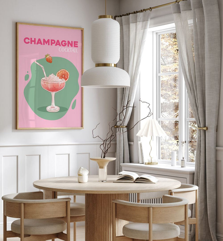 Champagne Cafe Art Prints Cafe Posters in Oak Wood Plain Frame placed on a wall in a dining room area beside a window and behind a dining table