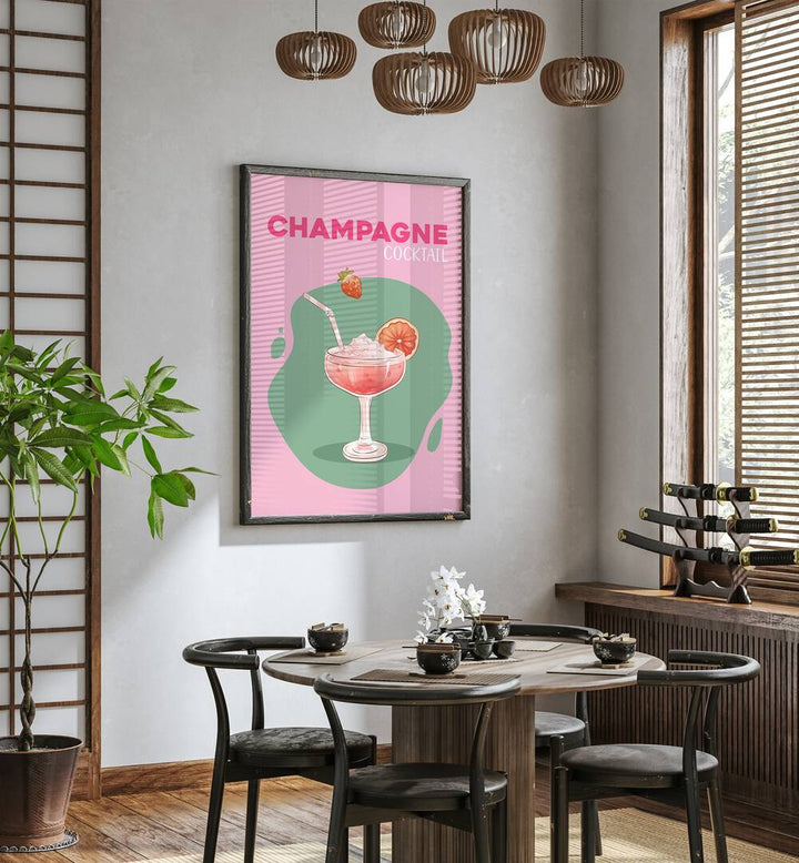 Champagne Cafe Art Prints Cafe Posters in Black Plain Frame placed on a wall in a dining room area beside a window and behind a dining table