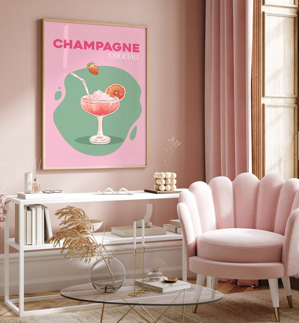 Champagne Cafe Art Prints Cafe Posters in Oak Wood Plain Frame placed on a wall behind a table