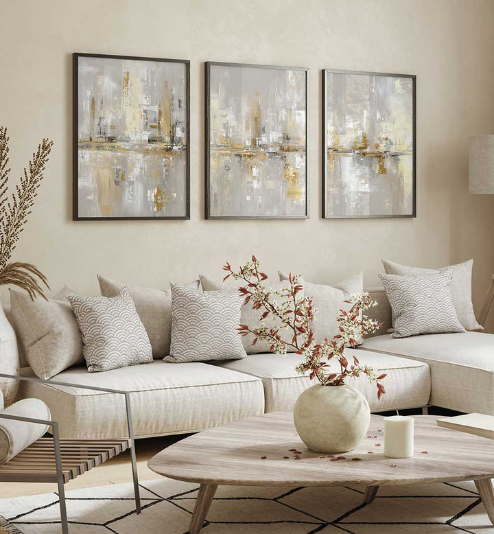 CHAMPAGNE SKYLINE SET , SET OF 3 PAINTINGS