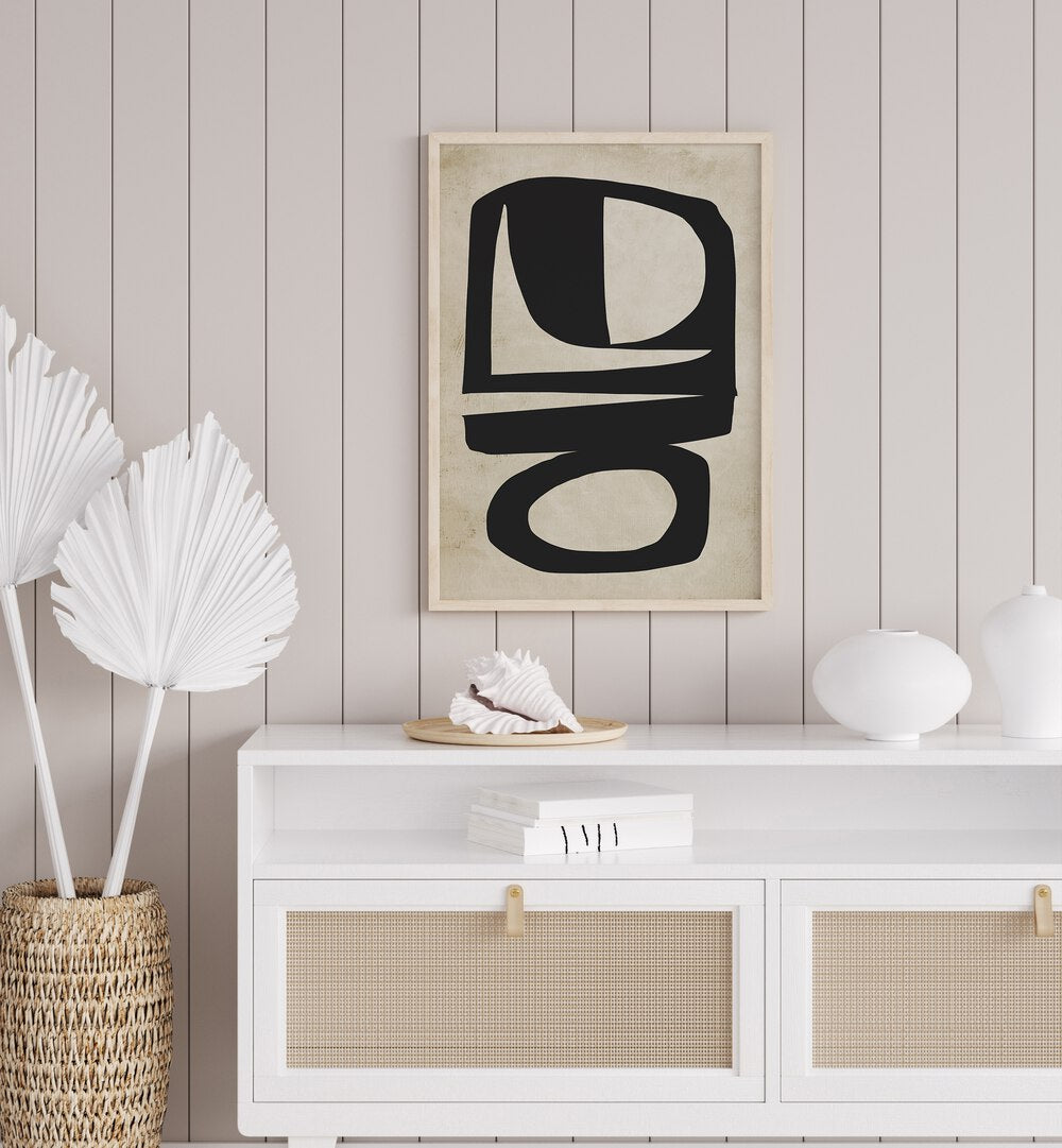 Chance By Dan Hobday Abstract Art Abstract Paintings in Oak Wood Plain Frame placed on a Cream Colored Wall above a Console Table in the Drawing Room