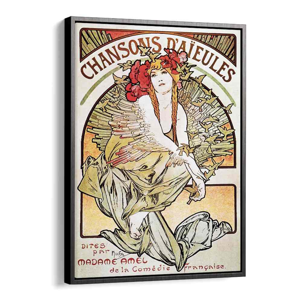 Chansons D Aieules 1898 By Alphonse Mucha Vintage Paintings in Black Floater Frame