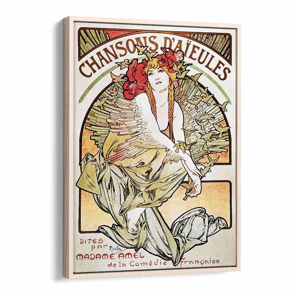 Chansons D Aieules 1898 By Alphonse Mucha Vintage Paintings in Oak Wood Floater Frame