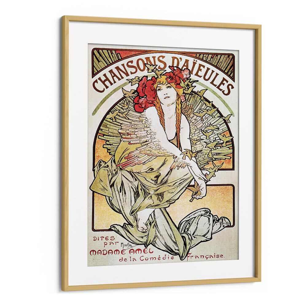 Chansons D Aieules 1898 By Alphonse Mucha Vintage Paintings in Oak Wood Frame With Mount