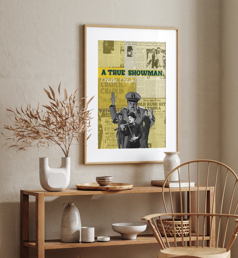 Charlie Chaplin By Grishma Korjani Movie Posters in Oak Wood Frame With Mount placed on a Beige Colored Wall above a Shelf