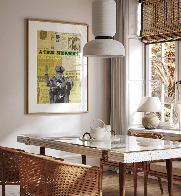 Charlie Chaplin By Grishma Korjani Movie Posters in Oak Wood Frame With Mount placed on a Cream Colored Wall near a Dining Table in the Dining Room