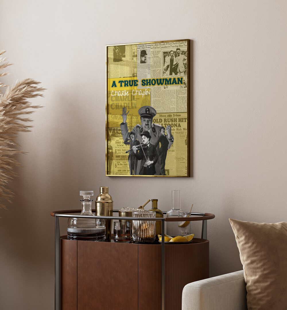 Charlie Chaplin By Grishma Korjani Movie Posters in Gold Plain Frame placed on a Beige Colored Wall