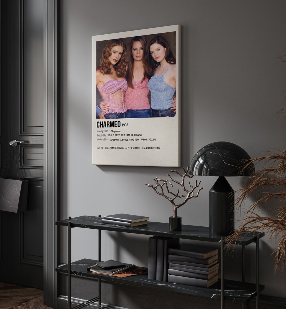 Charmed 1998 Movie Posters in Gallery Wrap hanging on wall above console table beside door and window