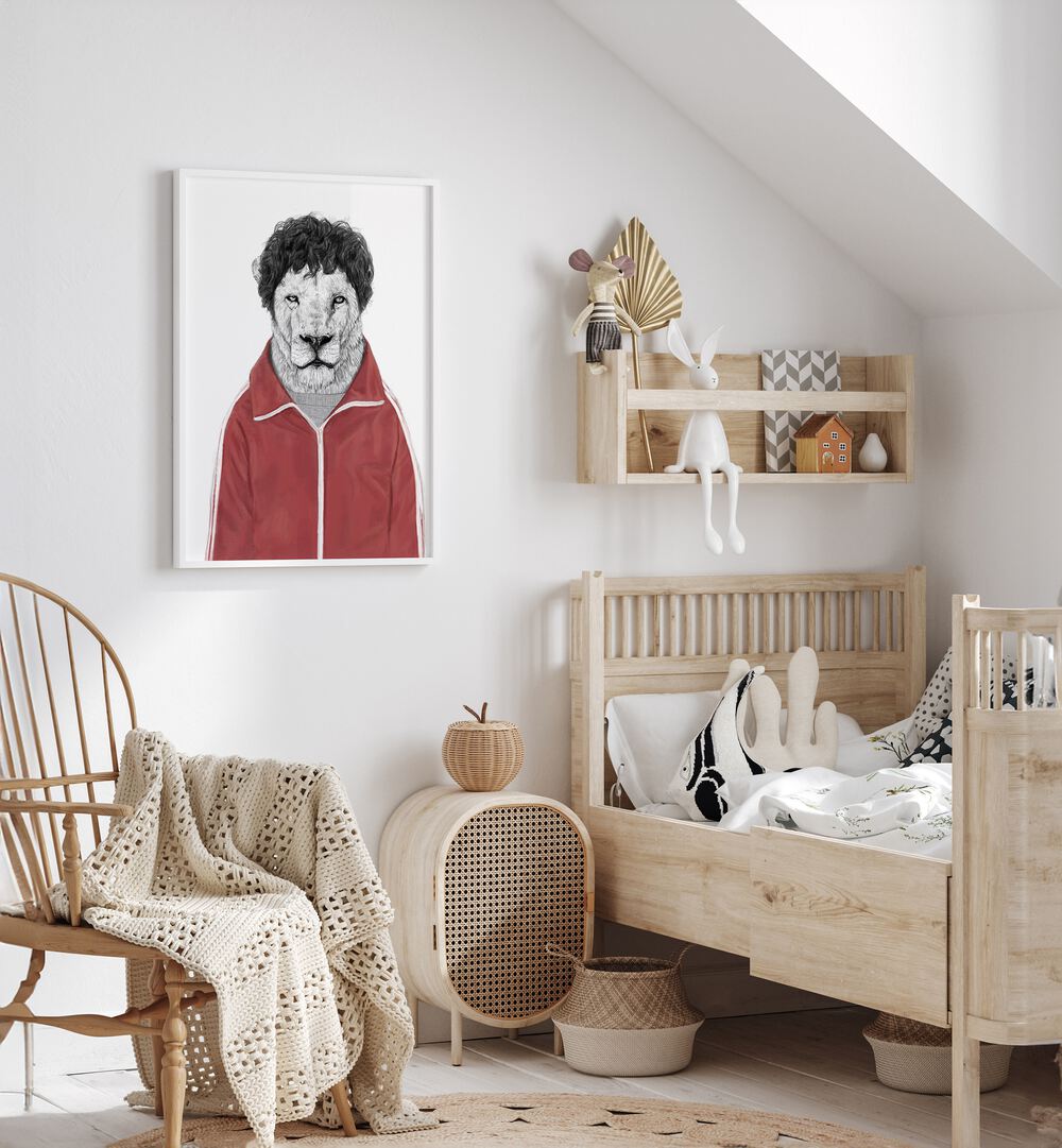 Chas By Balazs Solti Kids Room Art in White Plain Frame placed on a White Colored Wall near a Bed in the Kids Room 