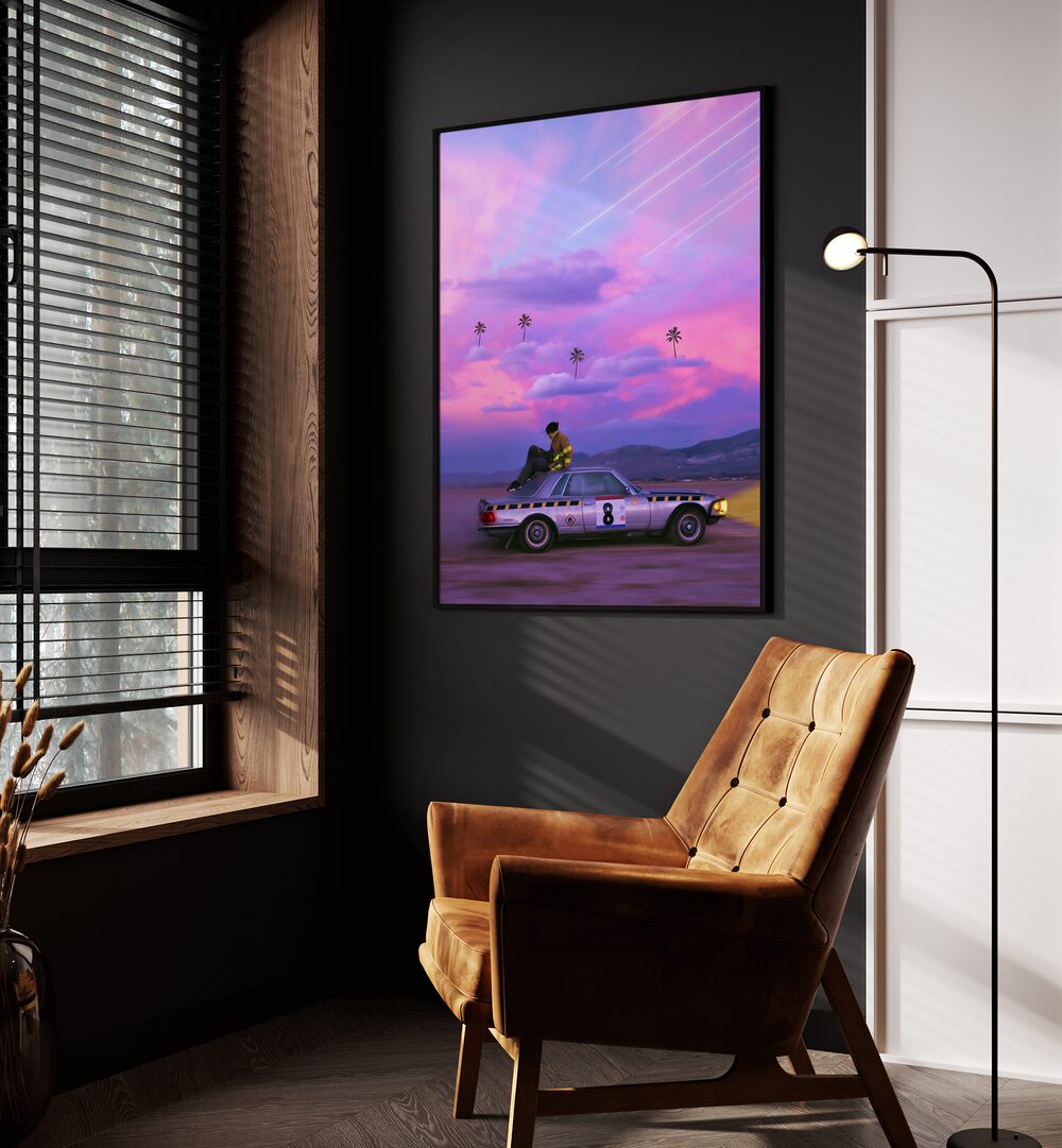 Chasing Paradise By Ritvik Takkar Surrealism in Black Plain Frame placed on a Dark Grey Colored Wall in the Drawing Room