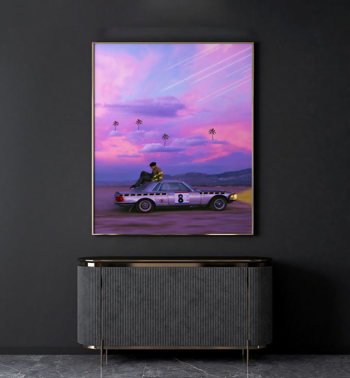 Chasing Paradise By Ritvik Takkar Surrealism in Gold Plain Frame placed on a Dark Grey Colored Wall above a Console Table