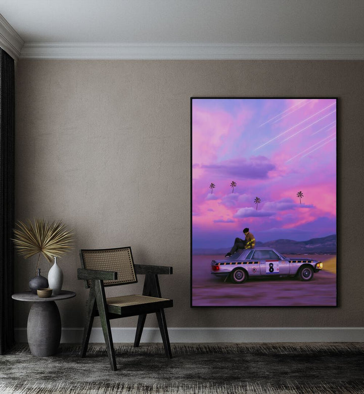 Chasing Paradise By Ritvik Takkar Surrealism in Black Plain Frame placed on a Beige Colored Wall in the Drawing Room