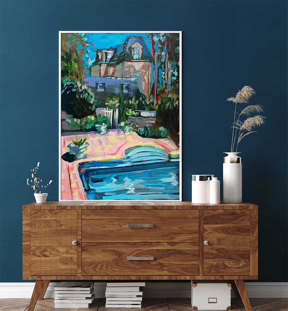 CHÂTEAU DE LA VIGNE , LANDSCAPE PAINTINGS – vibrant painting of chateau, sunlit vineyard rows and pool; Fine Art Gallery