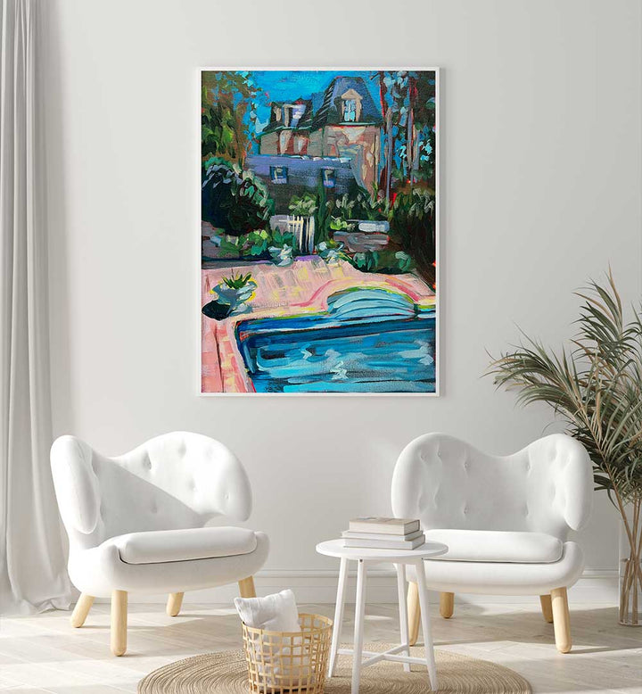 CHÂTEAU DE LA VIGNE , LANDSCAPE PAINTINGS showcasing sunlit vineyard with rolling hills and pool, framed wall art in modern living room