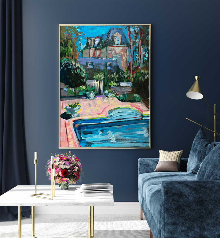 CHÂTEAU DE LA VIGNE , LANDSCAPE PAINTINGS showing sunlit vineyard chateau, rolling hills and pool in vibrant contemporary tones