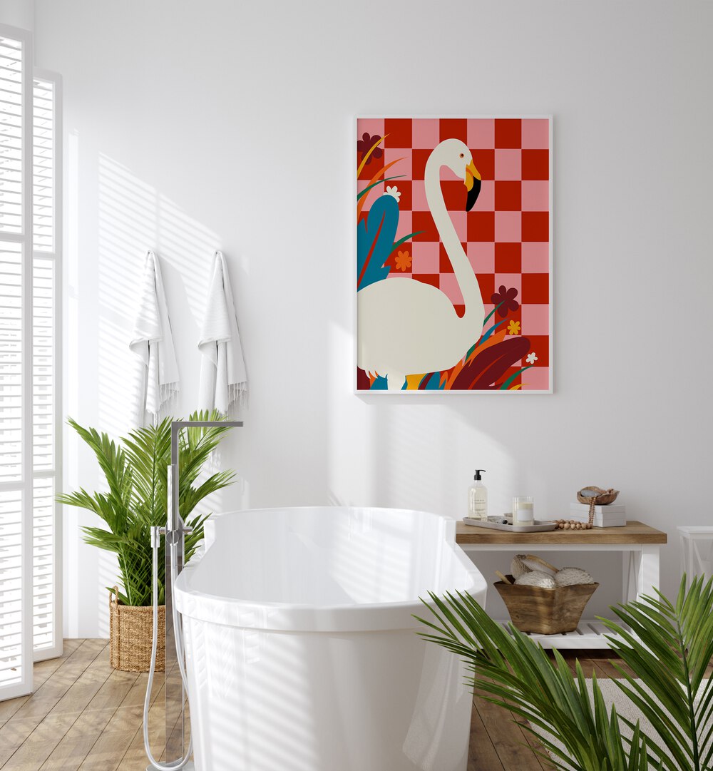 Checkers A The Great Egret By Uma Gokhale Wildlife Poster in White Plain Frame on a white wall behind a white tub for batheroom