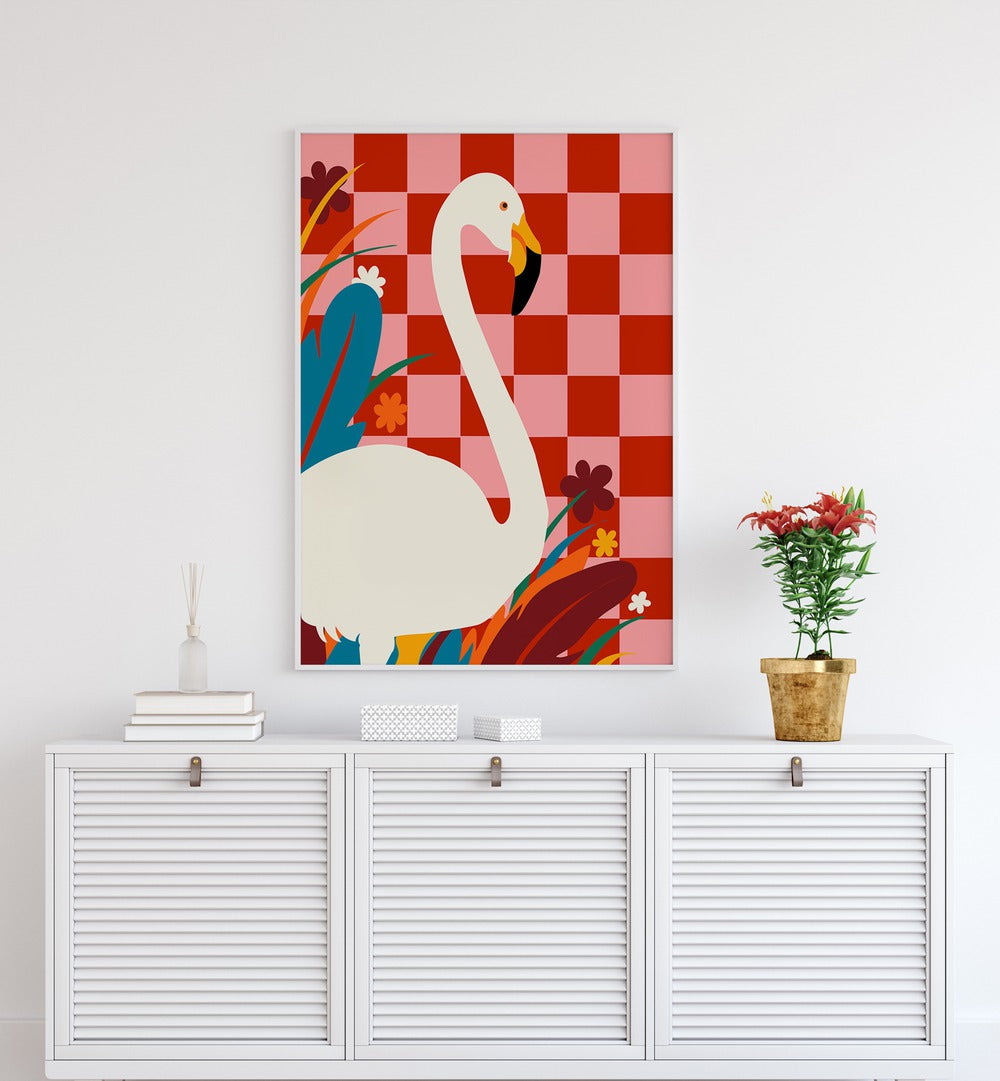 Checkers A The Great Egret By Uma Gokhale Wildlife Poster in White Plain Frame on a white wall above a console table